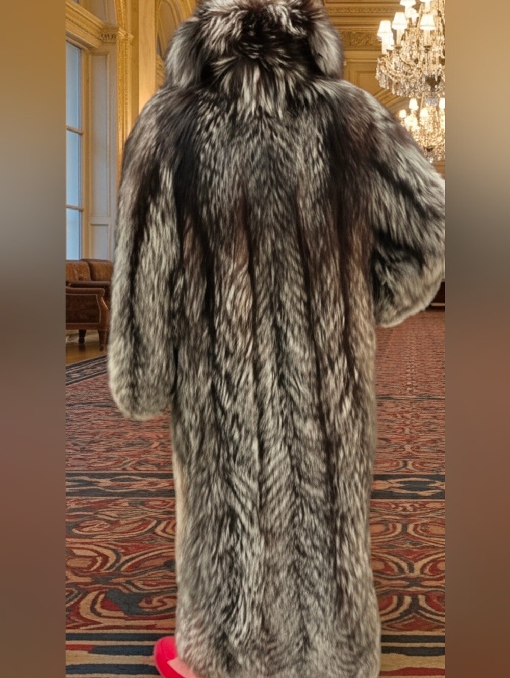 Full-Length Silver Fox Fur Coat - Women's Luxurious Puffer Style